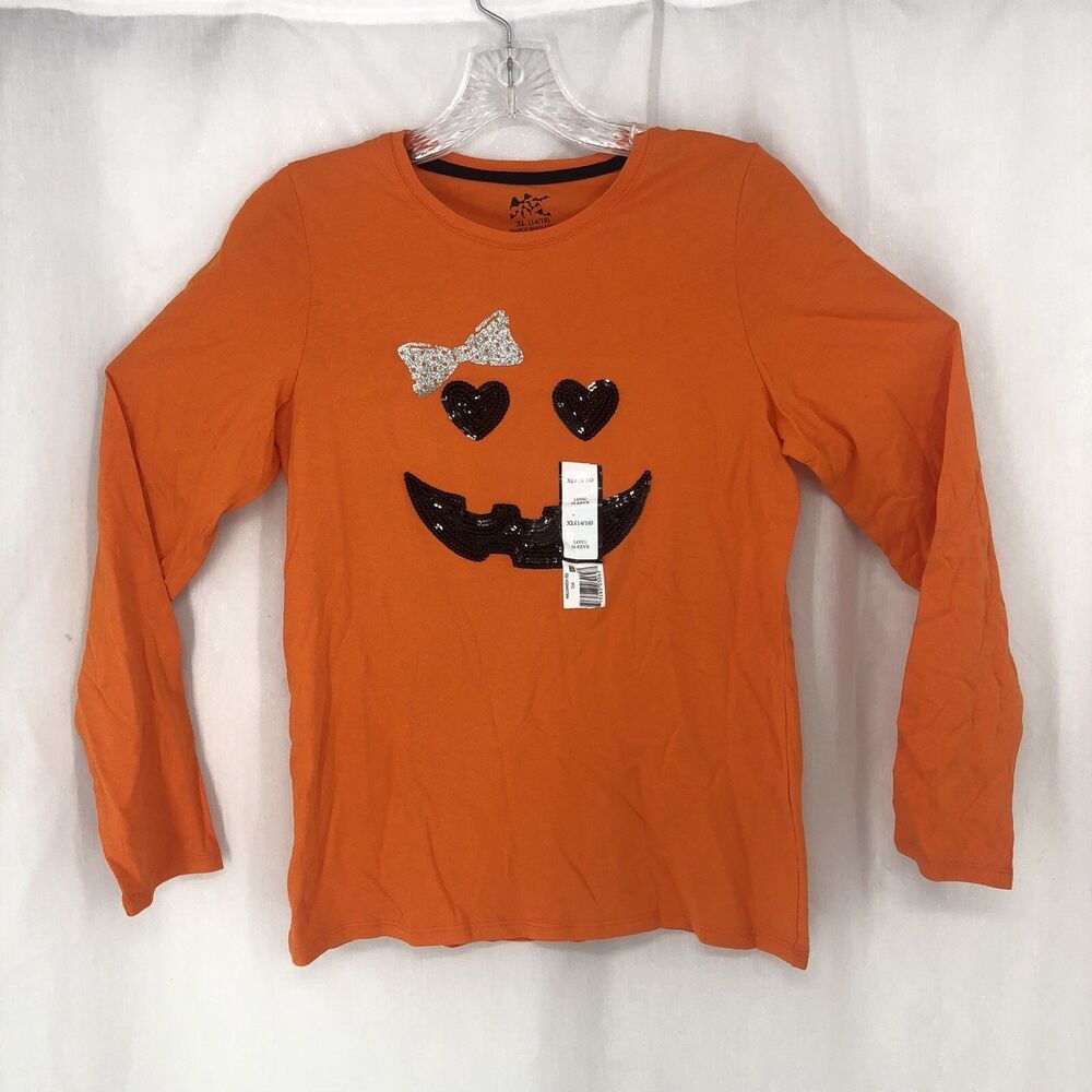 Juniors Size XL (14/16) Jack-O-lantern Halloween T Shirt Top Pumpkin Heart Bow